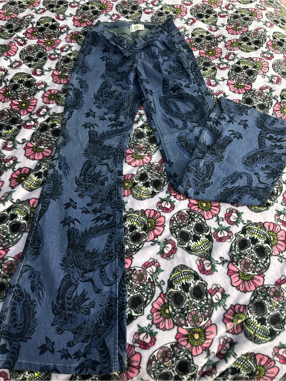 BDG Indigo Dragon-Print Flare Jeans